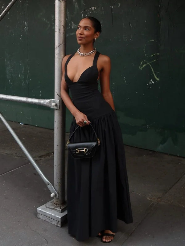 Elegant Women V Neck Backless Maxi Dress Slim Fit Sleeveless Chic Style